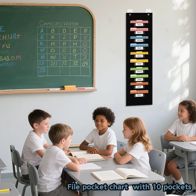 Alt view image 2 of 7 - 10 Pocket Hanging Wall File Organizer with 10 Nametag Pockets, File Pocket Chart for Classroom and Office. Perfectly Stores Assignments, Files, Scrapbooks, and Documents