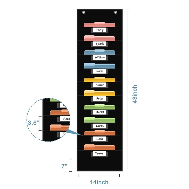 Alt view image 3 of 7 - 10 Pocket Hanging Wall File Organizer with 10 Nametag Pockets, File Pocket Chart for Classroom and Office. Perfectly Stores Assignments, Files, Scrapbooks, and Documents