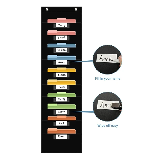 Alt view image 4 of 7 - 10 Pocket Hanging Wall File Organizer with 10 Nametag Pockets, File Pocket Chart for Classroom and Office. Perfectly Stores Assignments, Files, Scrapbooks, and Documents