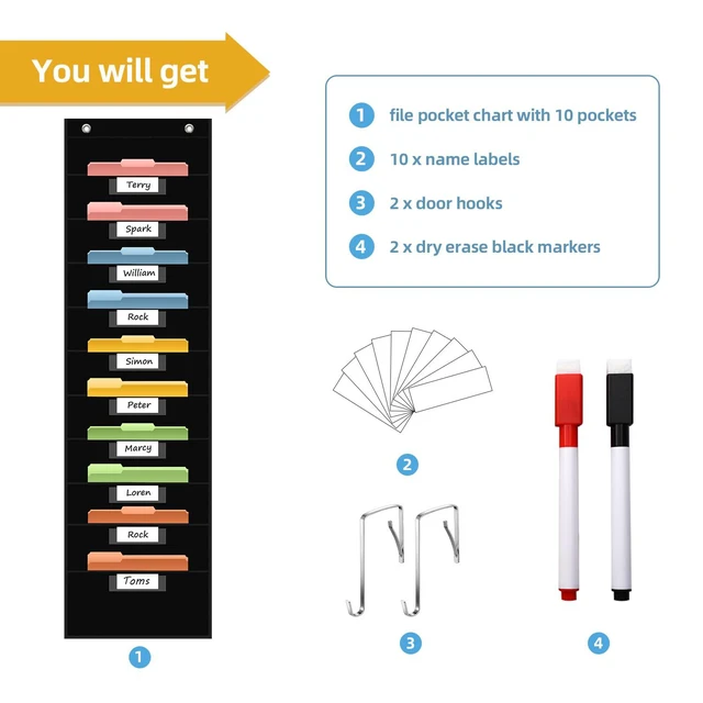 Alt view image 5 of 7 - 10 Pocket Hanging Wall File Organizer with 10 Nametag Pockets, File Pocket Chart for Classroom and Office. Perfectly Stores Assignments, Files, Scrapbooks, and Documents