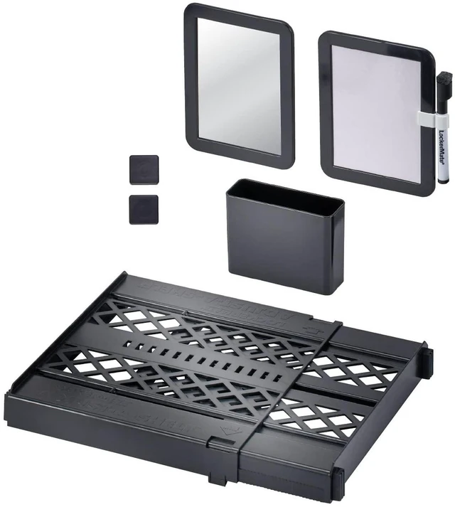 Main image of Adjust-A-Shelf 6-Piece Locker Accessories Set, Extends to Fit Your Locker, Includes Storage Drawer, Mirror, Whiteboard, Storage Cup, Black (50924KIT-BLK)