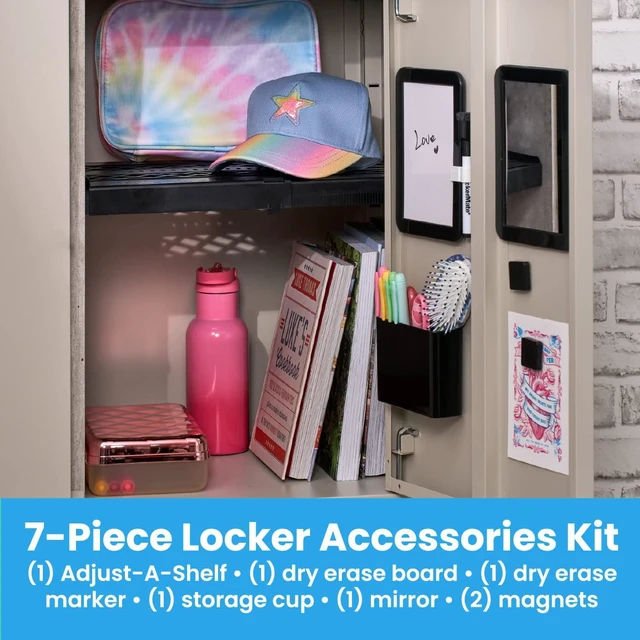 Alt view image 4 of 7 - Adjust-A-Shelf 6-Piece Locker Accessories Set, Extends to Fit Your Locker, Includes Storage Drawer, Mirror, Whiteboard, Storage Cup, Black (50924KIT-BLK)