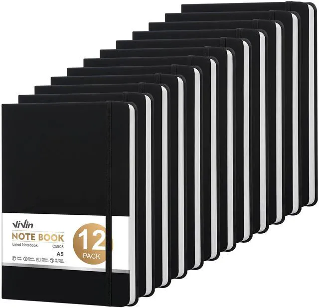 Main image of 12 Pack A5 Hardcover Lined Notebook,192 pg College Ruled 5.5x8.3 Bulk notebooks for work,office & professional use,Waterproof faux leather,lay-flat elastic closure