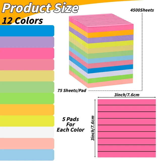 Alt view image 2 of 7 - 120 Pack Lined Sticky Notes 3x3 Inch 12 Colors Colorful Memo Pads Bulk