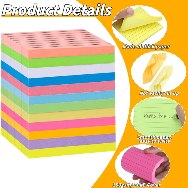 Alt view image 3 of 7 - 120 Pack Lined Sticky Notes 3x3 Inch 12 Colors Colorful Memo Pads Bulk