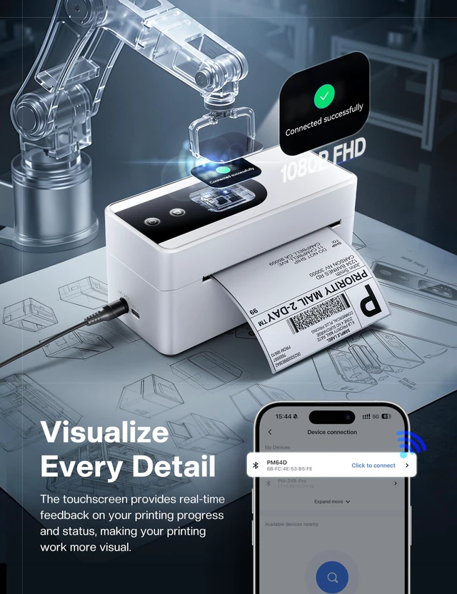 Alt view image 3 of 7 - Thermal Label Printer with Touch Screen Wireless Bluetooth shipping label printer for small business, compatible with Amazon Shopify UPS USPS Android iOS Windows Mac
