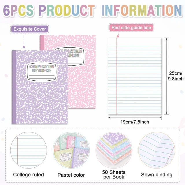 Alt view image 2 of 7 - 6 Pack Large Composition Notebooks Bulk 9.8 × 7.5 in Wide Ruled Hard Cover Composition Book Assorted Marble Journal College Ruled Paper for Adult Student College Office Back to School Supplies(Pastel)