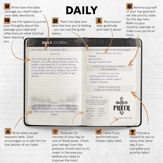 Alt view image 2 of 5 - Christian Bible Prayer Journal For MEN 9-Month Refill - Study Scripture Notebook & Planner Daily Devotional Undated | Religious Jesus Faith Gifts for Graduation, Pastor Baptism & Church