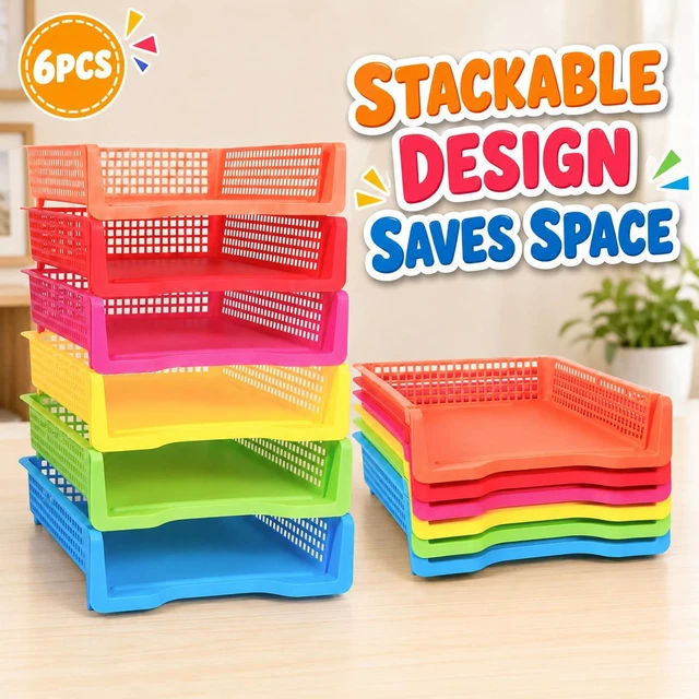 Alt view image 3 of 7 - 6 Pack Turn in Trays Classroom, Colorful Turn in Trays for Teachers, Plastic Classroom Paper Organizers, Stackable Tray for Classroom, Library, Drawers, Office Desk (13.4 * 9.5 * 2.7in)
