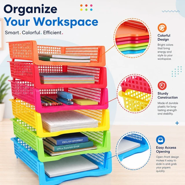 Alt view image 4 of 7 - 6 Pack Turn in Trays Classroom, Colorful Turn in Trays for Teachers, Plastic Classroom Paper Organizers, Stackable Tray for Classroom, Library, Drawers, Office Desk (13.4 * 9.5 * 2.7in)