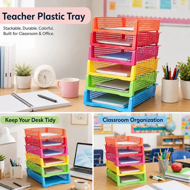Alt view image 6 of 7 - 6 Pack Turn in Trays Classroom, Colorful Turn in Trays for Teachers, Plastic Classroom Paper Organizers, Stackable Tray for Classroom, Library, Drawers, Office Desk (13.4 * 9.5 * 2.7in)