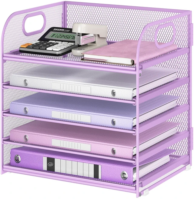 Main image of Desk Letter Tray Paper Organizer, 5-Tier with Handle Metal Mesh Desktop File Organizer Paper Holder for Classroom Office Desk Accessories- Purple
