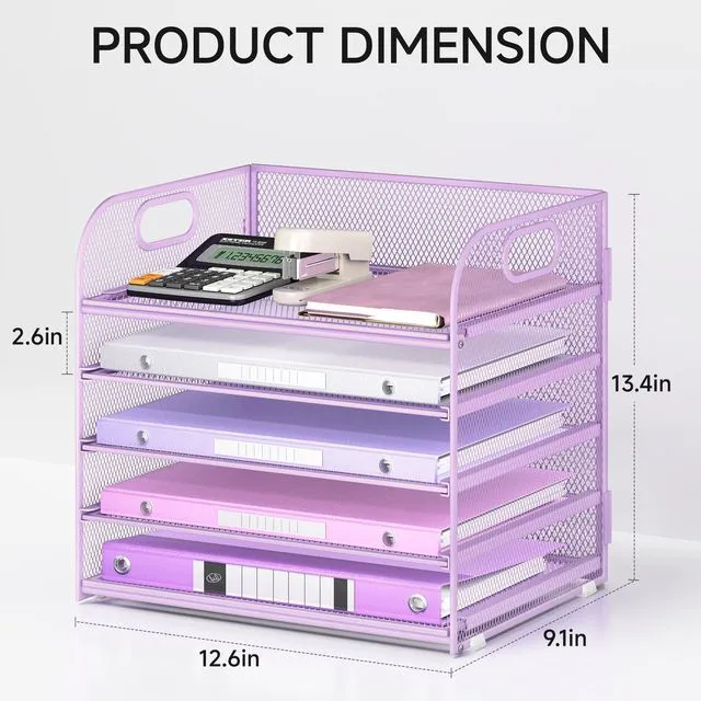 Alt view image 2 of 6 - Desk Letter Tray Paper Organizer, 5-Tier with Handle Metal Mesh Desktop File Organizer Paper Holder for Classroom Office Desk Accessories- Purple