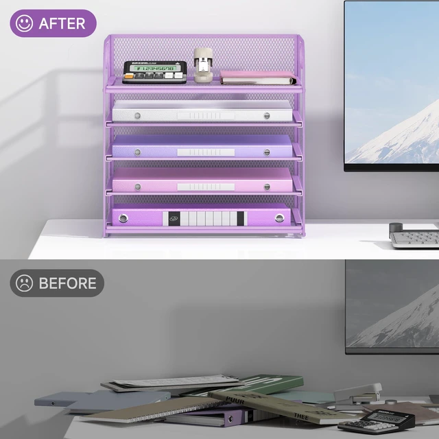 Alt view image 4 of 6 - Desk Letter Tray Paper Organizer, 5-Tier with Handle Metal Mesh Desktop File Organizer Paper Holder for Classroom Office Desk Accessories- Purple