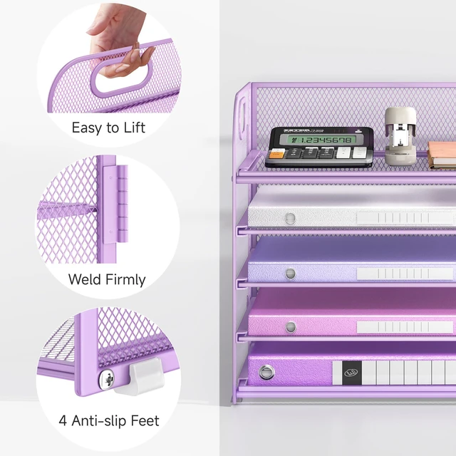Alt view image 3 of 6 - Desk Letter Tray Paper Organizer, 5-Tier with Handle Metal Mesh Desktop File Organizer Paper Holder for Classroom Office Desk Accessories- Purple
