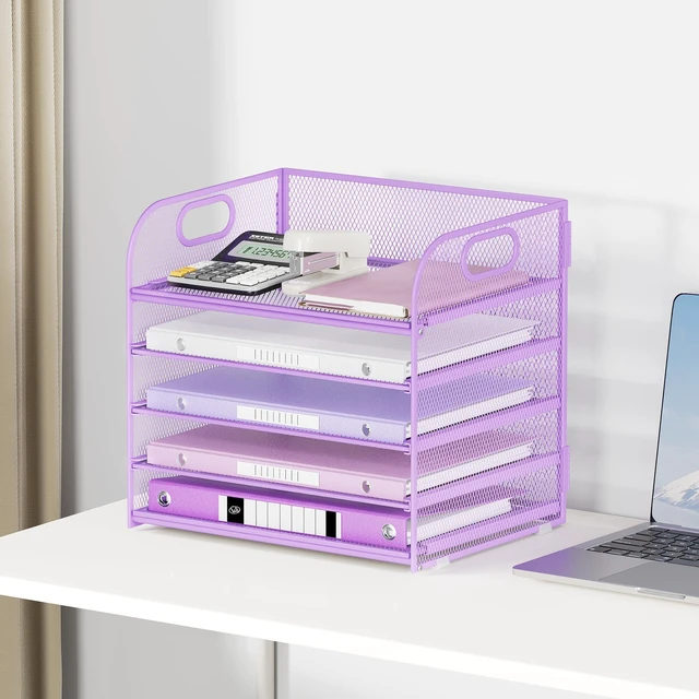 Alt view image 6 of 6 - Desk Letter Tray Paper Organizer, 5-Tier with Handle Metal Mesh Desktop File Organizer Paper Holder for Classroom Office Desk Accessories- Purple