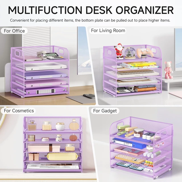 Alt view image 5 of 6 - Desk Letter Tray Paper Organizer, 5-Tier with Handle Metal Mesh Desktop File Organizer Paper Holder for Classroom Office Desk Accessories- Purple