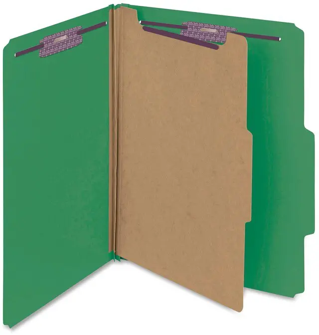 Main image of Pressboard Classification File Folder with SafeSHIELD Fasteners, 1 Divider, 2" Expansion, Letter Size, Green, 10 per Box (13733) (Pack of 1)