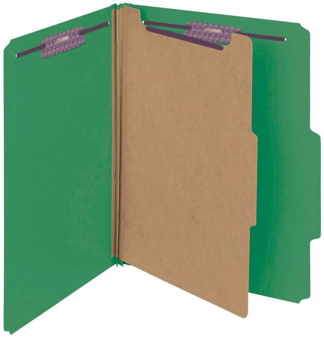Alt view image 3 of 7 - Pressboard Classification File Folder with SafeSHIELD Fasteners, 1 Divider, 2" Expansion, Letter Size, Green, 10 per Box (13733) (Pack of 1)