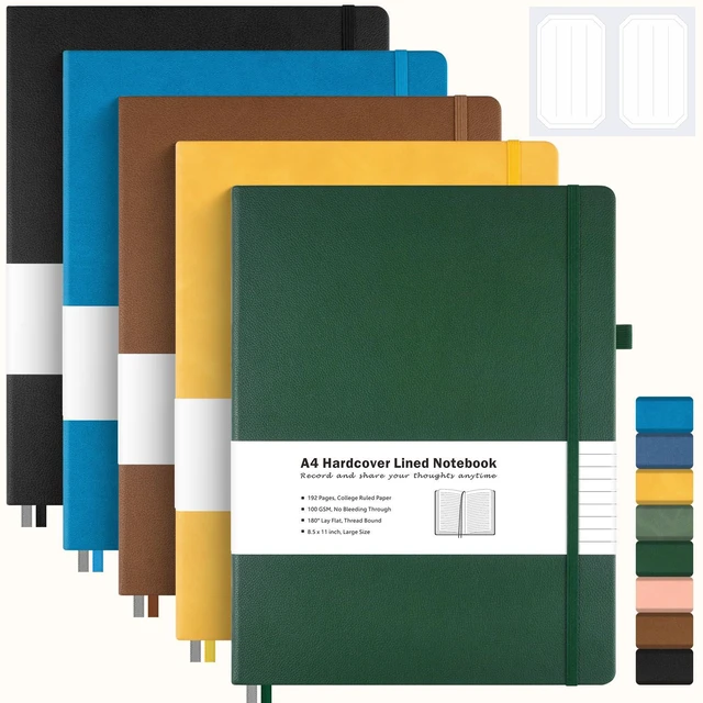 Main image of College Ruled Notebook, Large A4 Hardcover Leather Journal for Women Men 5 Pack Lined Journal Notebook for Work School, No Bleed Thick Paper, Lay Flat, 8.5" x 11", Professional Business Notebook