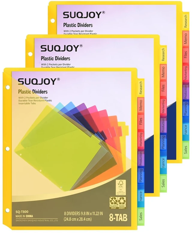 Main image of 8-Tab Dividers for 3 Ring Binder, 24 Count Binder Dividers with Pockets, Subject Dividers, 3-Hole Plastics Sheets Protectors for US Letter Size in 0.5", 1",2" Binders, Vibrant 8 Color, 3 Packs