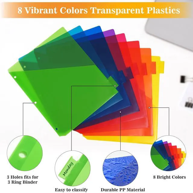 Alt view image 2 of 7 - 8-Tab Dividers for 3 Ring Binder, 24 Count Binder Dividers with Pockets, Subject Dividers, 3-Hole Plastics Sheets Protectors for US Letter Size in 0.5", 1",2" Binders, Vibrant 8 Color, 3 Packs