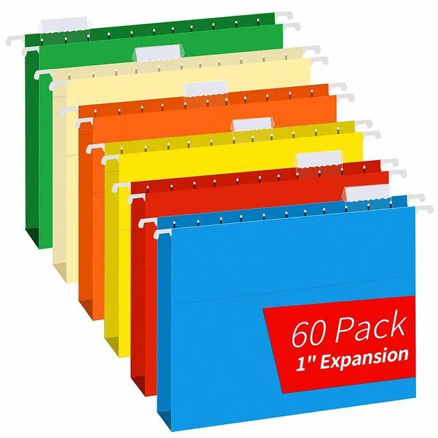 Main image of Extra Capacity Hanging File Folders, 60 Pack Letter Size Reinforced Hanging Folders with Heavy Duty 1 Inch Expansion for Bulky Files, Filing Cabinet, Adjustable Tabs, Assorted Colors