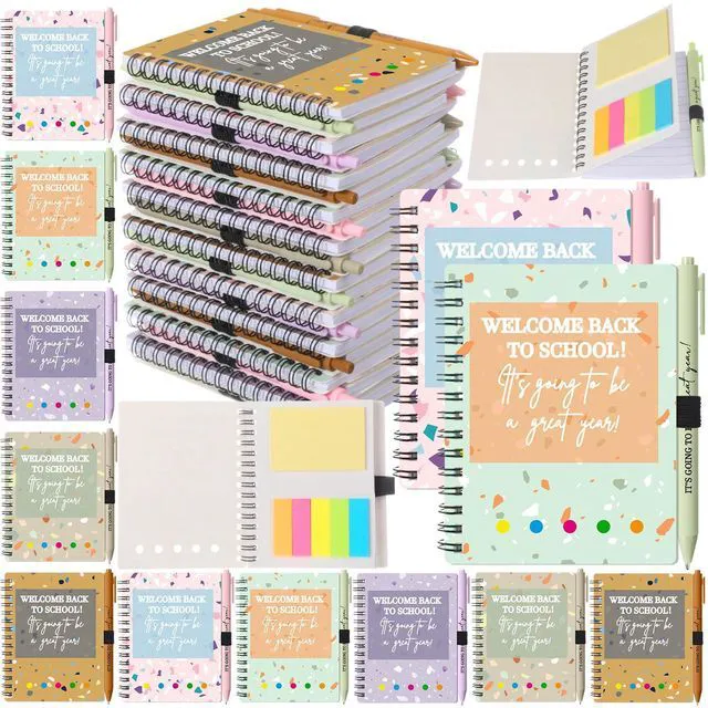 Main image of 40 Pcs Welcome Back to School Gifts Bulk Spiral Notebooks Pens Notepads with Sticky Notes Motivational Pens, First Day of School Party Favor for Teacher Student Classroom, Terrazzo Tones