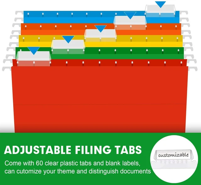 Alt view image 6 of 7 - Extra Capacity Hanging File Folders, 60 Pack Letter Size Reinforced Hanging Folders with Heavy Duty 1 Inch Expansion for Bulky Files, Filing Cabinet, Adjustable Tabs, Assorted Colors