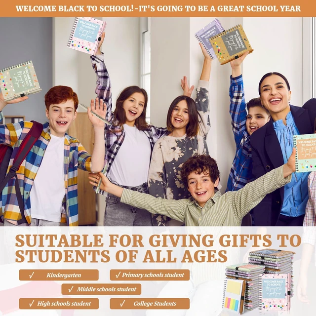 Alt view image 2 of 7 - 40 Pcs Welcome Back to School Gifts Bulk Spiral Notebooks Pens Notepads with Sticky Notes Motivational Pens, First Day of School Party Favor for Teacher Student Classroom, Terrazzo Tones