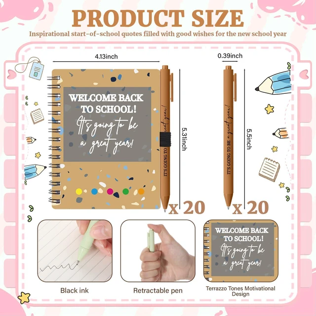 Alt view image 3 of 7 - 40 Pcs Welcome Back to School Gifts Bulk Spiral Notebooks Pens Notepads with Sticky Notes Motivational Pens, First Day of School Party Favor for Teacher Student Classroom, Terrazzo Tones