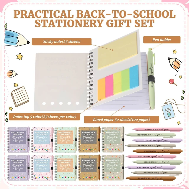 Alt view image 5 of 7 - 40 Pcs Welcome Back to School Gifts Bulk Spiral Notebooks Pens Notepads with Sticky Notes Motivational Pens, First Day of School Party Favor for Teacher Student Classroom, Terrazzo Tones