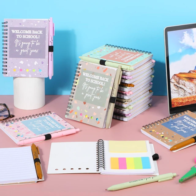 Alt view image 6 of 7 - 40 Pcs Welcome Back to School Gifts Bulk Spiral Notebooks Pens Notepads with Sticky Notes Motivational Pens, First Day of School Party Favor for Teacher Student Classroom, Terrazzo Tones