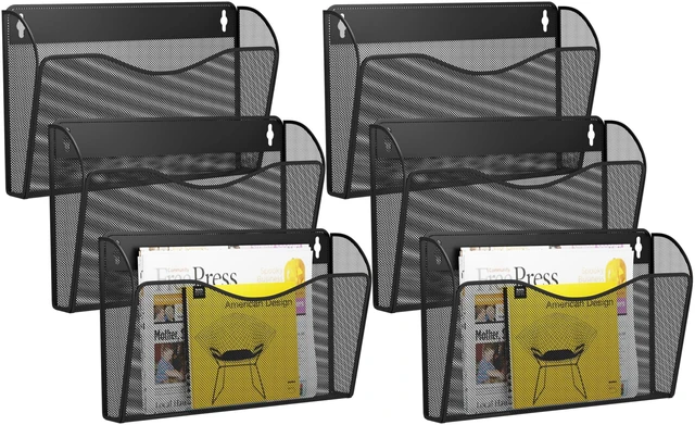 Main image of 6 Single Pocket Wall File Holder, Mesh Hanging File Folder Paper Organizer, Vertical Wall Mounted Mail Basket, Storage Organization Magazine Rack for Office, Home and School, Black