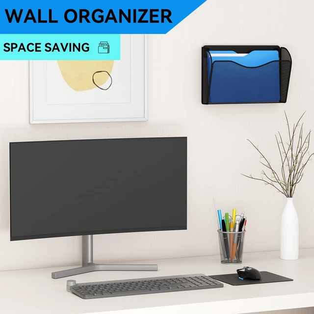 Alt view image 2 of 7 - 6 Single Pocket Wall File Holder, Mesh Hanging File Folder Paper Organizer, Vertical Wall Mounted Mail Basket, Storage Organization Magazine Rack for Office, Home and School, Black