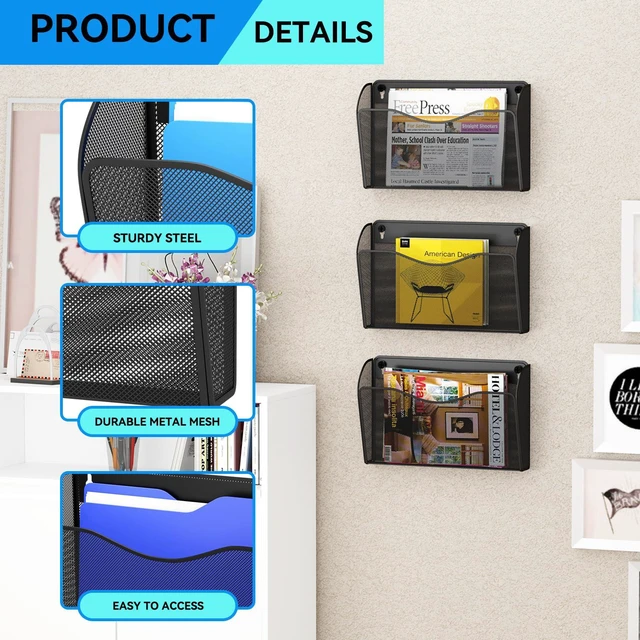 Alt view image 4 of 7 - 6 Single Pocket Wall File Holder, Mesh Hanging File Folder Paper Organizer, Vertical Wall Mounted Mail Basket, Storage Organization Magazine Rack for Office, Home and School, Black