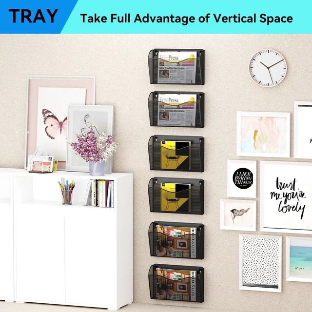 Alt view image 7 of 7 - 6 Single Pocket Wall File Holder, Mesh Hanging File Folder Paper Organizer, Vertical Wall Mounted Mail Basket, Storage Organization Magazine Rack for Office, Home and School, Black