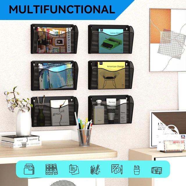 Alt view image 6 of 7 - 6 Single Pocket Wall File Holder, Mesh Hanging File Folder Paper Organizer, Vertical Wall Mounted Mail Basket, Storage Organization Magazine Rack for Office, Home and School, Black