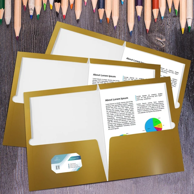 Alt view image 5 of 5 - 100 Pack Glossy 2 Pocket Folders Bulk, Letter Size,Gold Back to School Ready: Laminated Paper Holds up to 50 Sheets Each for Classroom Handouts, Presentations and Office Documents