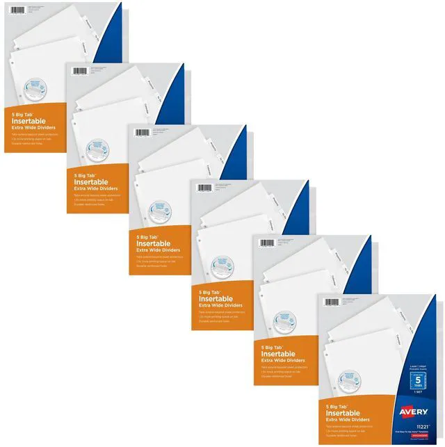 Main image of Extra-Wide Big Tab Insertable Dividers for 3 Ring Binders, 5 Tab Sets, White Paper, Clear Tabs, Works With Sheet Protectors, 6 Sets (41121)