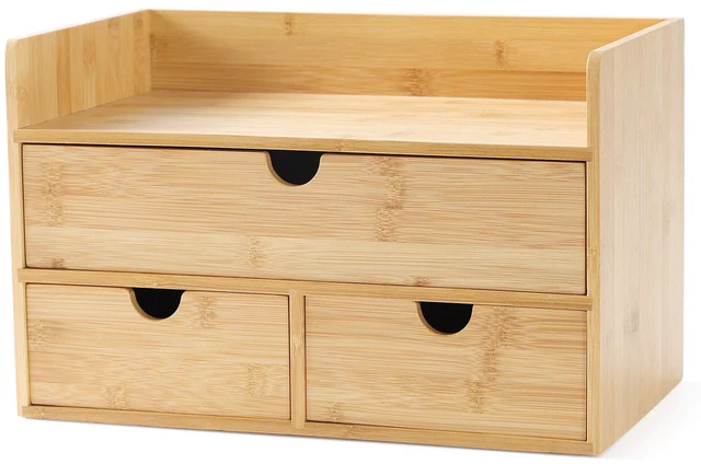 Main image of Bamboo Desk Organizer with Drawers, 3-Drawer Desktop Storage Box 3 Drawers Open Top Tray Fully Assembled Stores Pens, Notes, Makeup, Jewelry & Toiletries for Office, Vanity & Bath
