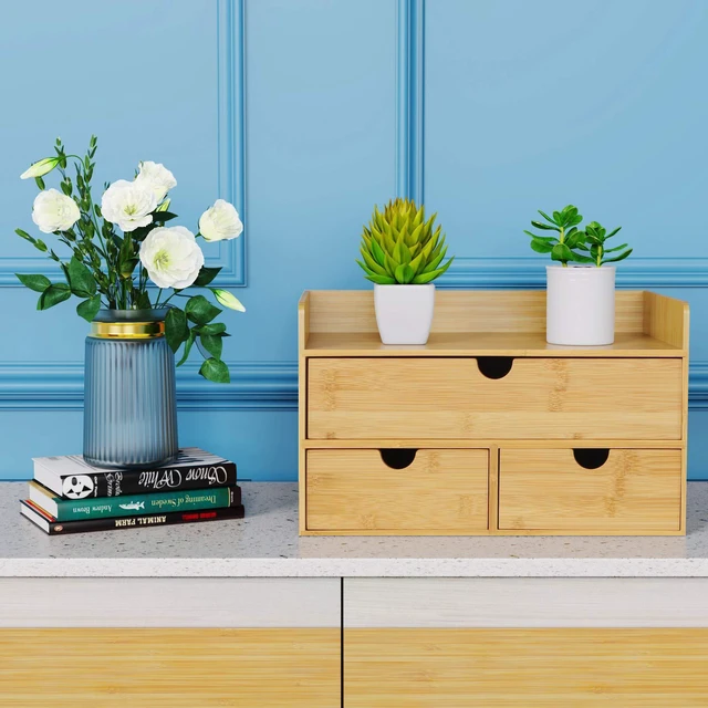 Alt view image 2 of 7 - Bamboo Desk Organizer with Drawers, 3-Drawer Desktop Storage Box 3 Drawers Open Top Tray Fully Assembled Stores Pens, Notes, Makeup, Jewelry & Toiletries for Office, Vanity & Bath