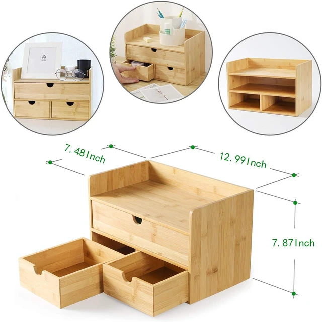 Alt view image 3 of 7 - Bamboo Desk Organizer with Drawers, 3-Drawer Desktop Storage Box 3 Drawers Open Top Tray Fully Assembled Stores Pens, Notes, Makeup, Jewelry & Toiletries for Office, Vanity & Bath