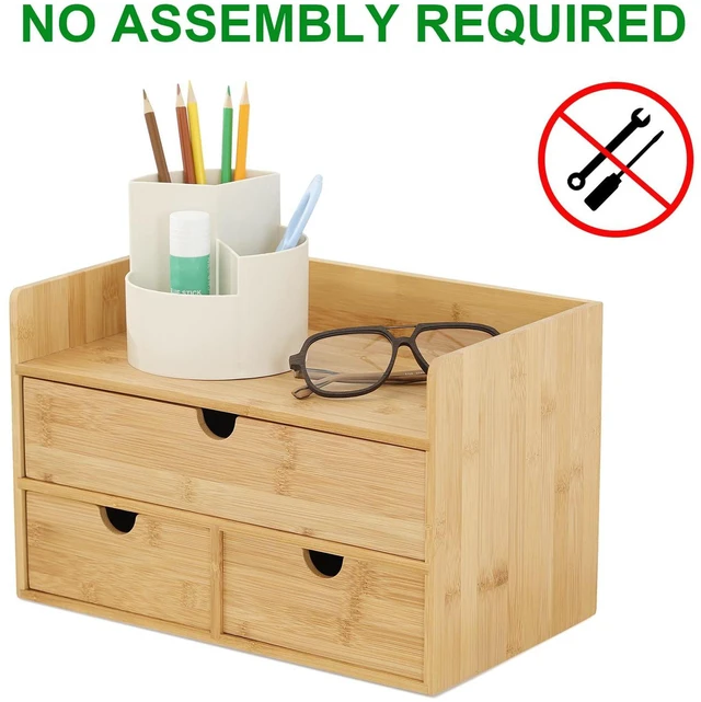 Alt view image 4 of 7 - Bamboo Desk Organizer with Drawers, 3-Drawer Desktop Storage Box 3 Drawers Open Top Tray Fully Assembled Stores Pens, Notes, Makeup, Jewelry & Toiletries for Office, Vanity & Bath