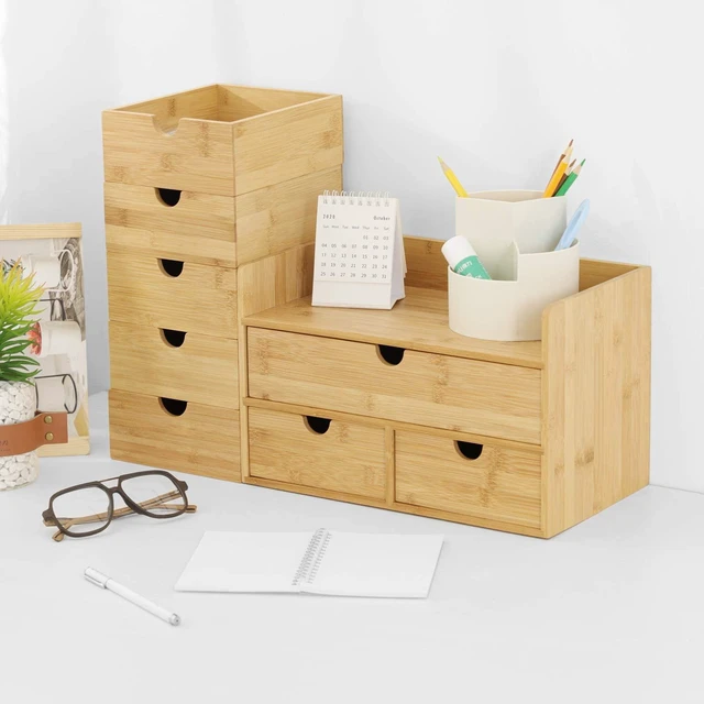Alt view image 6 of 7 - Bamboo Desk Organizer with Drawers, 3-Drawer Desktop Storage Box 3 Drawers Open Top Tray Fully Assembled Stores Pens, Notes, Makeup, Jewelry & Toiletries for Office, Vanity & Bath