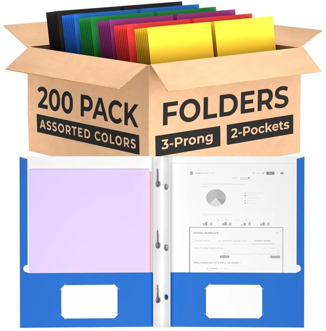 Main image of Folders with Pockets and Prongs (200 Pack) 2 Pocket Folders with 3 Prongs for School Paper Folders with Pockets