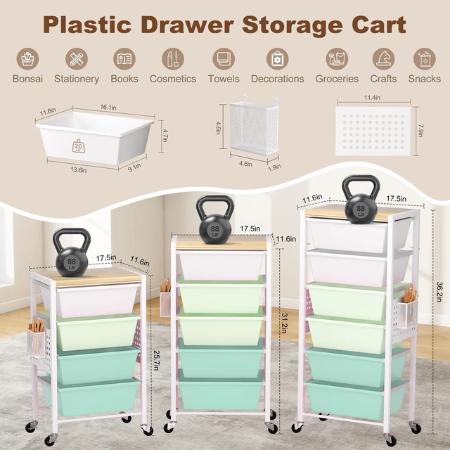 Alt view image 2 of 7 - Rolling Cart with Drawers, Rolling Storage Cart with Large Plastic Drawers & Wooden Tabletop, Utility Cart with Pegboards & Basket, Storage Drawers Cart for Living Room, Classroom, Bedroom, Office