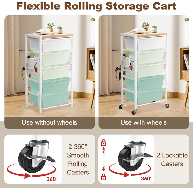Alt view image 3 of 7 - Rolling Cart with Drawers, Rolling Storage Cart with Large Plastic Drawers & Wooden Tabletop, Utility Cart with Pegboards & Basket, Storage Drawers Cart for Living Room, Classroom, Bedroom, Office
