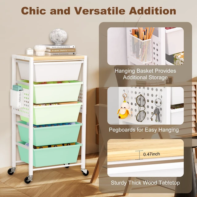 Alt view image 5 of 7 - Rolling Cart with Drawers, Rolling Storage Cart with Large Plastic Drawers & Wooden Tabletop, Utility Cart with Pegboards & Basket, Storage Drawers Cart for Living Room, Classroom, Bedroom, Office
