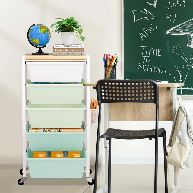 Alt view image 6 of 7 - Rolling Cart with Drawers, Rolling Storage Cart with Large Plastic Drawers & Wooden Tabletop, Utility Cart with Pegboards & Basket, Storage Drawers Cart for Living Room, Classroom, Bedroom, Office